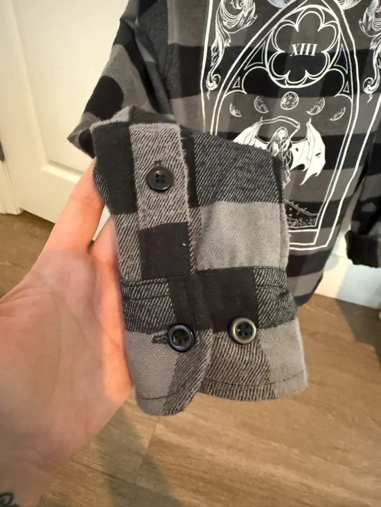 The Pretty Cult Black & Gray Plaid Graphic Flannel Shirt - Death Tarot Design - Picture 4 of 5